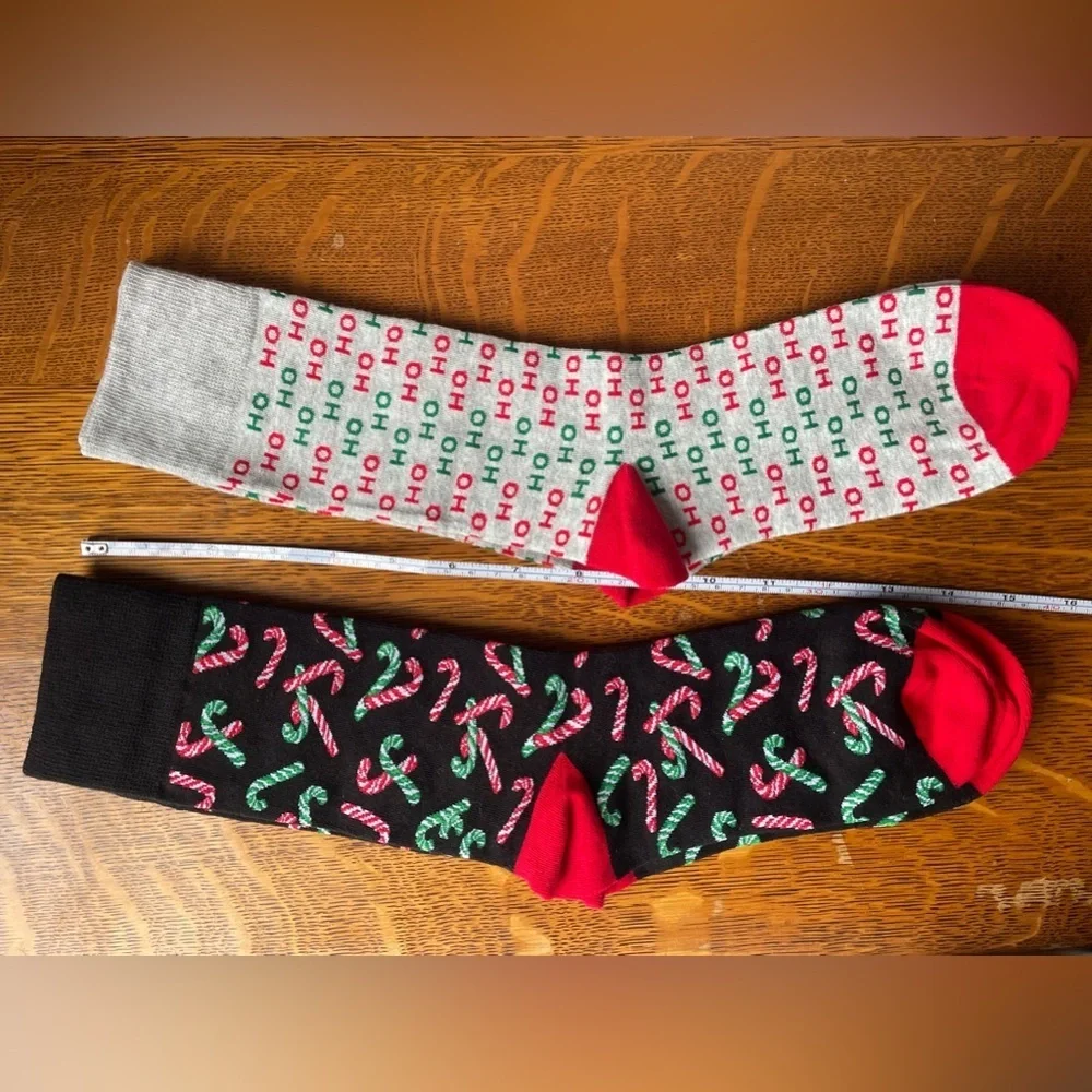 Two Pair Christmas Holiday Socks Gray Black Green Red Tall Socks Crew Socks NWOT